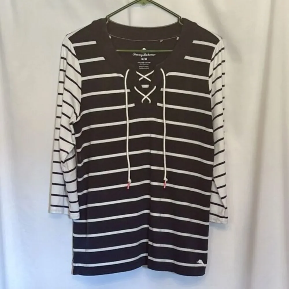 Tommy Bahama Women’s Top Navy & White Striped Lace Up 3/4 Sleeve Size Medium